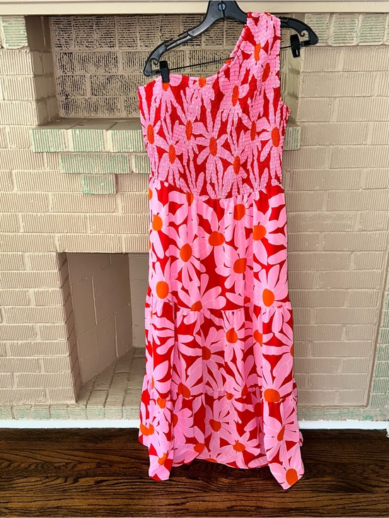 BTFBM Dresses & Skirts - Sundress by BTFBM Smocked Bodice One-Shoulder Pink & Red Floral Maxi Dress